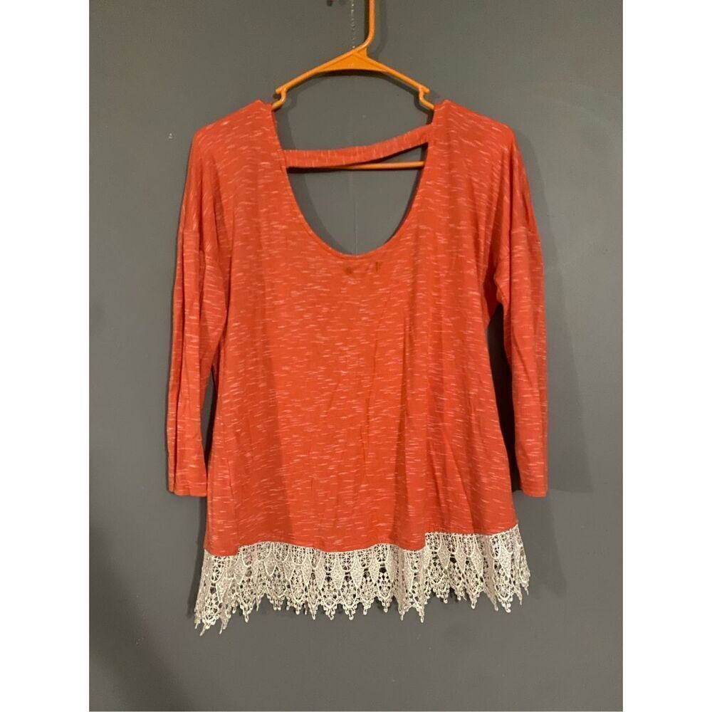 Takara Open Back Coral Top Blouse Crochet Lace Trim Hem Size Medium